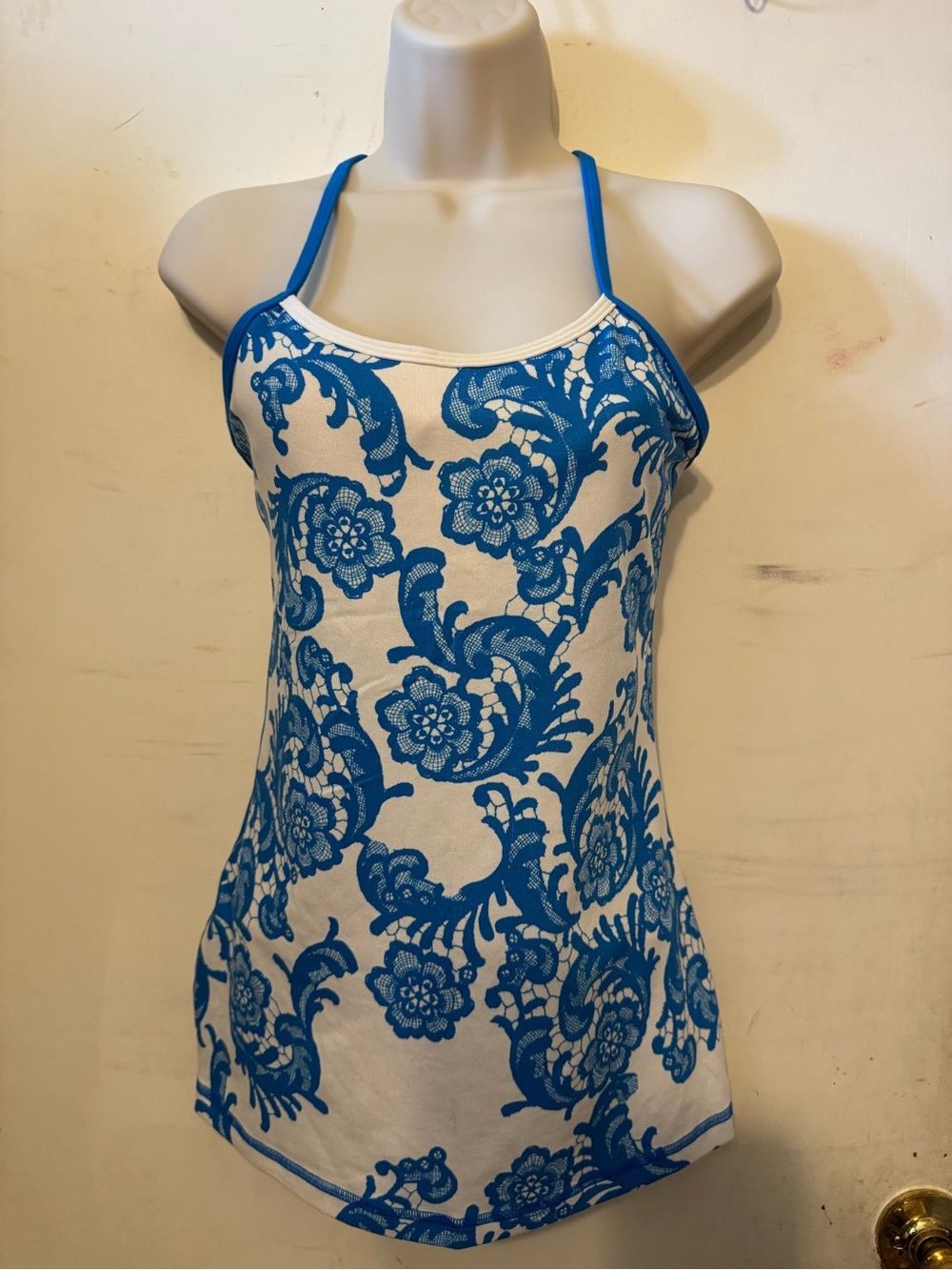 lululemon athletica White Tank Top with Blue Floral Lace-Print